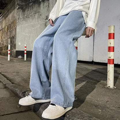 2026 New Streetwear Loose Jeans Men Korean Style Fashion Loose Straight Wide Leg Pants Men's Brand Clothing Black Light Blue