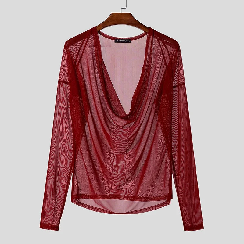 Men T Shirt Mesh See Through Sexy Long Sleeve Casual Male Tee Tops Party Nightclub Streetwear Fashion Men Clothing S-5XL