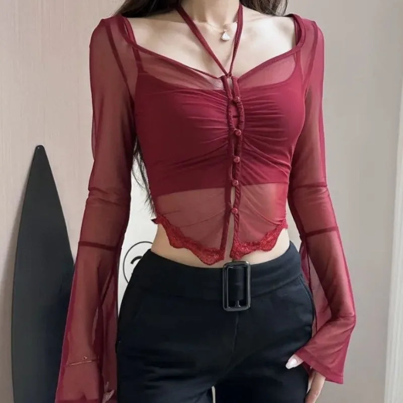 Sheer T-shirts for Women Hot Girls Summer Clothing All-match Solid High Street Sexy Chic Long Sleeve Thin Young Skinny Casual