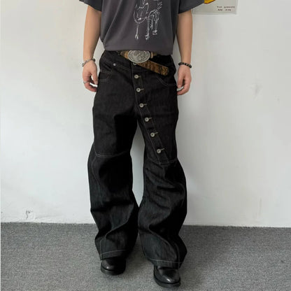 Wide-leg Floor-dragging Jeans Niche Retro Long Row of Buttons Man Loose Casual Fashionable Comfortable Cool Personality