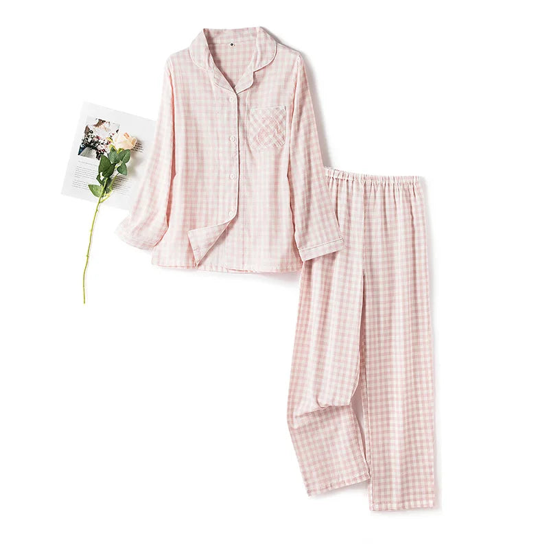 Pajama Set For Women Cotton Home Pajamas Men Comfortable Lapel Cardigan Pant Suit Plaid Sleepwear Night Clothing Pijamas Mujer
