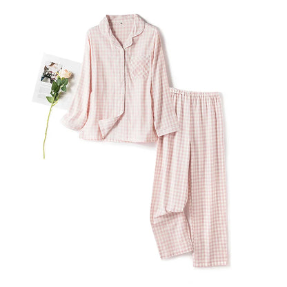 Pajama Set For Women Cotton Home Pajamas Men Comfortable Lapel Cardigan Pant Suit Plaid Sleepwear Night Clothing Pijamas Mujer