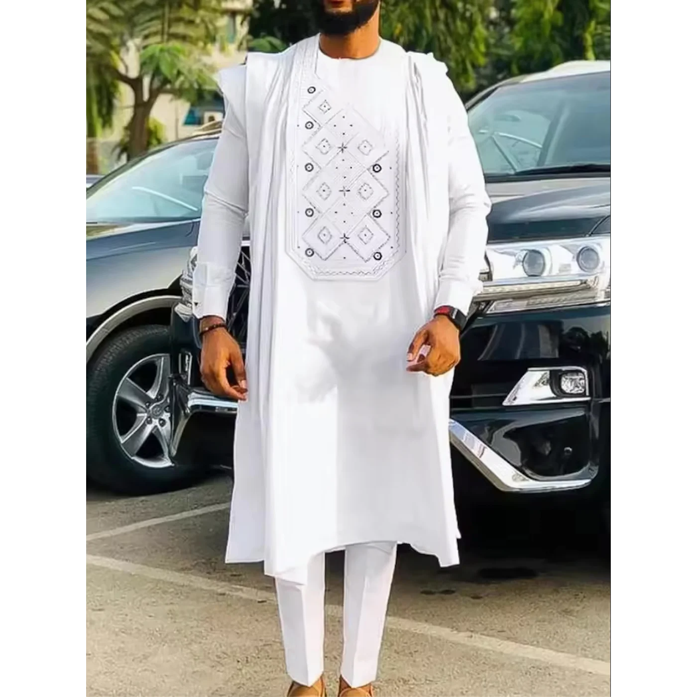 Men's African Traditional Clothing: Bazin Rich Original Heat Pressed White Clothing, Three-piece Suit, Suitable for Wedding Part