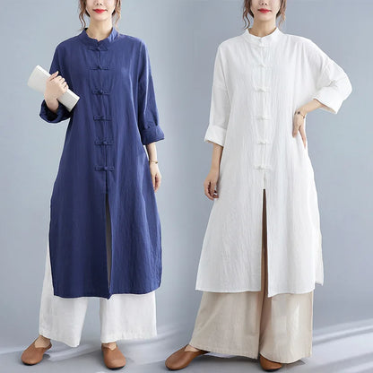 Traditional Chinese Clothing for Women Spring Autumn Cotton Long Sleeve Single-breasted Loose Top Meditation Tea Clothes