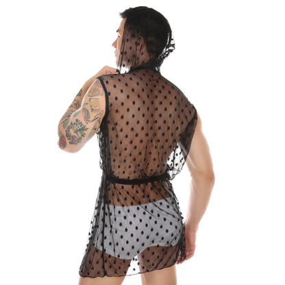 Men Robes Mesh Lace Homewear Sexy Sleepwear Nightwear Nightgown See Through Hooded Long Transparent Leisure Bathrobes