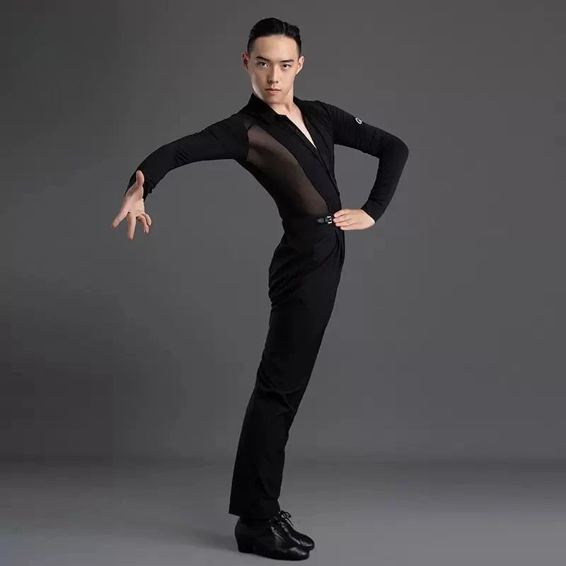 Men's Latin Dance Practice Clothes, Tops, Men's Performance Training Clothes, Long-sleeved Mesh Yarn Body Clothes, Test Clothes