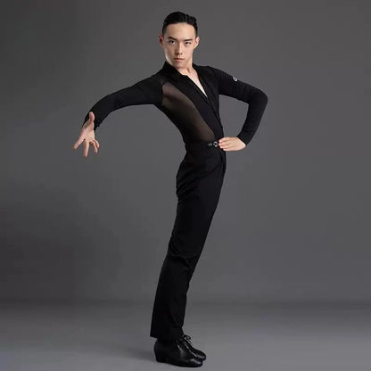 Men's Latin Dance Practice Clothes, Tops, Men's Performance Training Clothes, Long-sleeved Mesh Yarn Body Clothes, Test Clothes