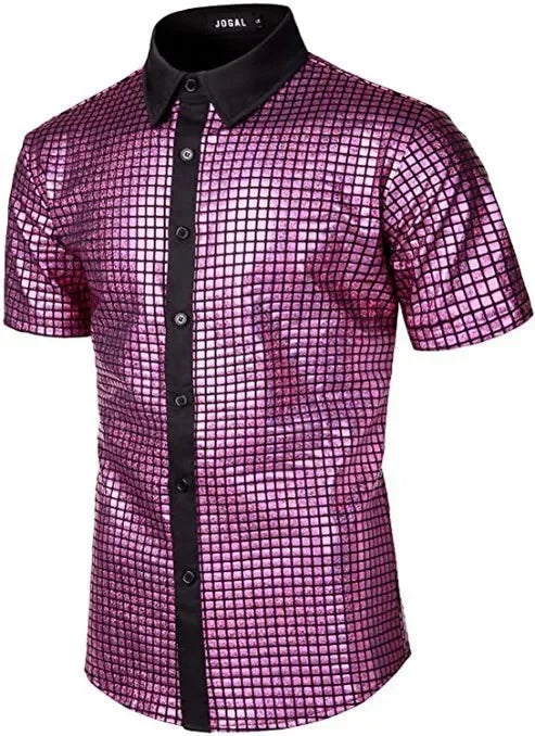 Men's Shiny Shirts Short Sleeve Shirts Nightclub Prom Disco Party Costume Button Blouse Casual Retro Cosplay Shirts Tops for Men