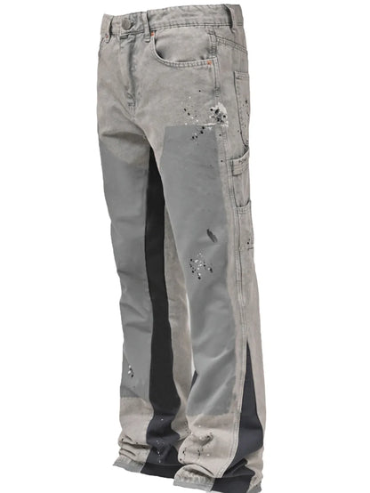 2025 Men's Fashion Jeans Work Pants, European and American Fashion Workwear Elastic Patchwork Denim Layered Flared Pants S-XXL