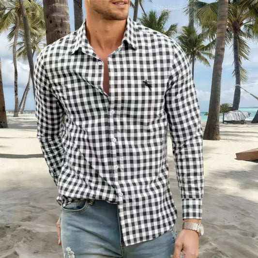 New Men's Shirts Are Available in Striped and Checked Styles, With Various Colors to Choose From. This Casual Long-Sleeved Shirt