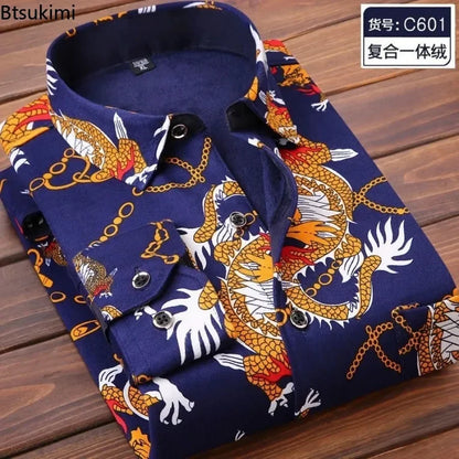 2026 Men's Wedding Party Warm Shirts Autumn Winter Oversized Casual Dress Office Business Fleece Shirts Male Casual Warm Shirts