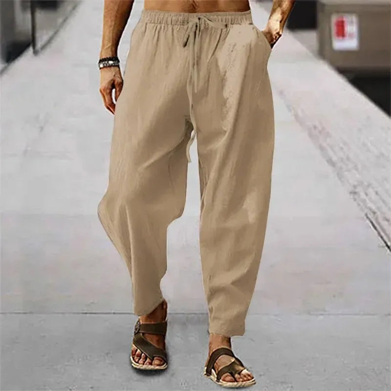 New Men Cotton Linen Pants Summer and Autumn Solid High Waist Wide-Leg Trousers Male Loose Hemp Casual Breathable Sports Pants