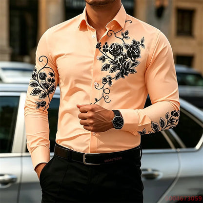 2026 New Men's Shirt with Rose Print, Long Sleeve, Slim Fit, Wrinkle-Free, Business Casual White Shirt, Trendy Men's Shirt