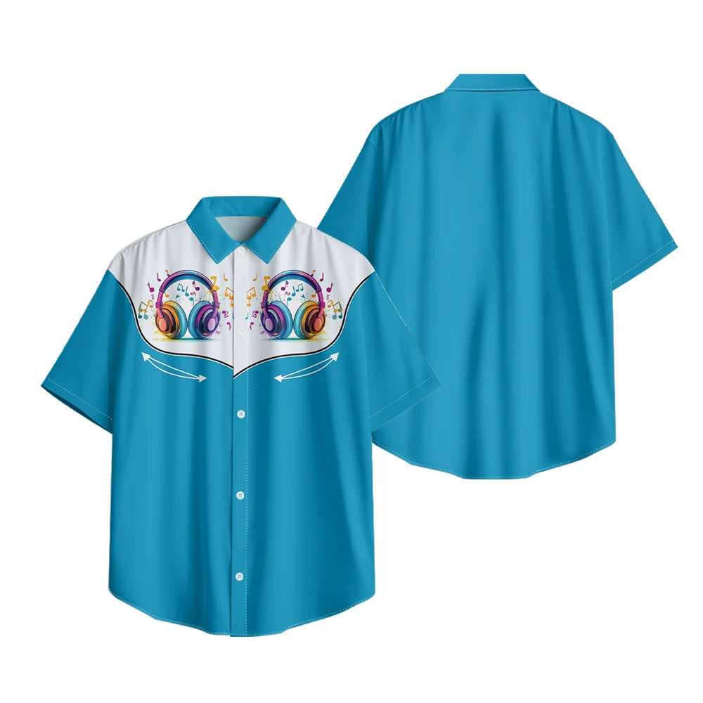 Men's Fashion Casual Shirt with Musical & Floral Design Short Sleeve Button Up Shirt Retro Hawaiian Inspired Summer Shirt