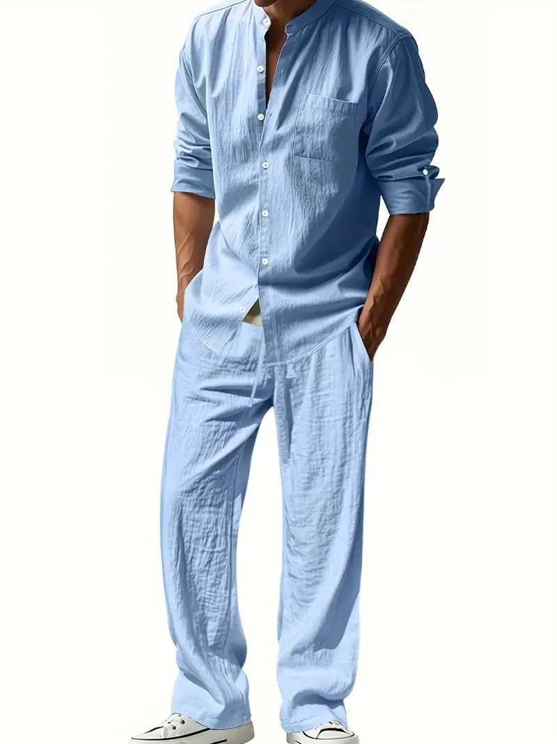 Men's Cotton Linen Shirt and Pants Set Breathable Comfortable Casual Two Piece Outfit Summer Style