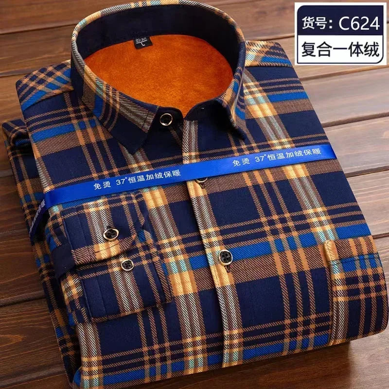 2026 Men's Wedding Party Warm Shirts Autumn Winter Oversized Casual Dress Office Business Fleece Shirts Male Casual Warm Shirts