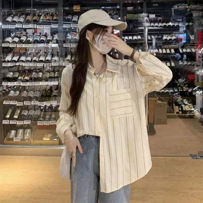 Striped Shirts & Blouses For Women Elegant Chic High Quality Clothing Trend 2025 Pretty Promotion Youth Cool Button Up Woman Top