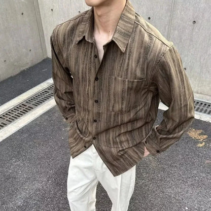 Men's Striped Long-Sleeve Shirt Casual Loose Fit Button-Up Top