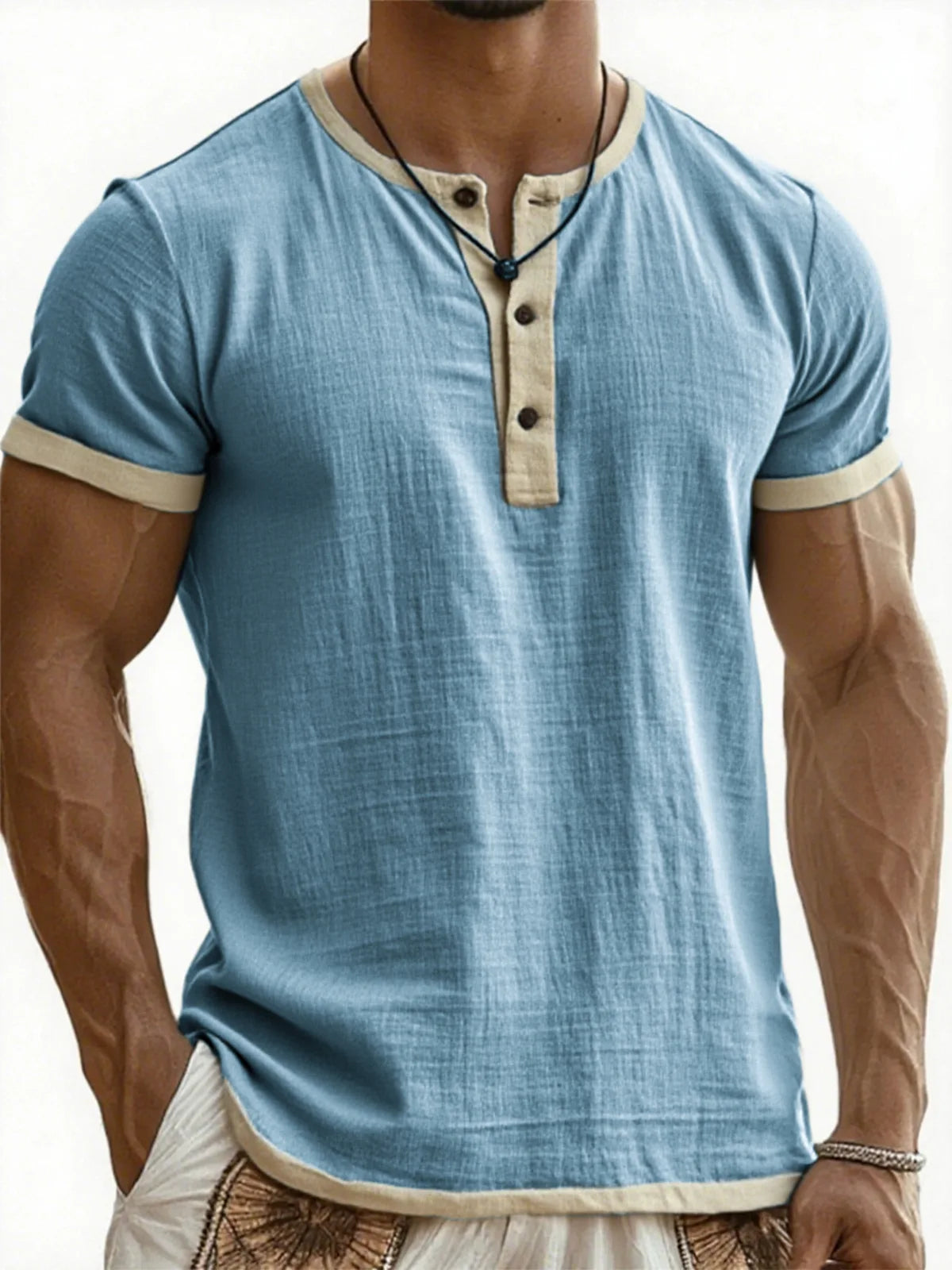 Men's Linen Cotton Patchwork T-shirk Summer Casual Short-sleeved Shirt Comfortable Breathable Top Round Collar Male Clothing