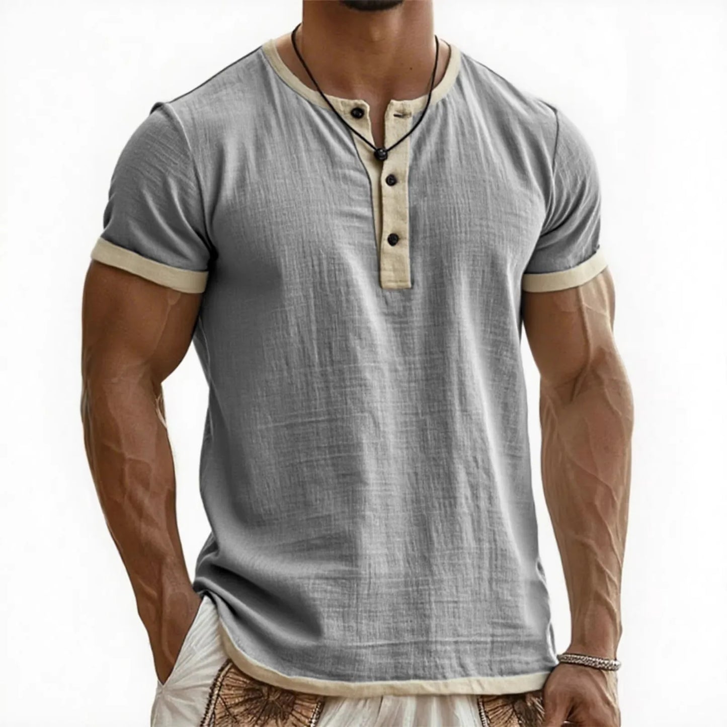 Men's Linen Cotton Patchwork T-shirk Summer Casual Short-sleeved Shirt Comfortable Breathable Top Round Collar Male Clothing