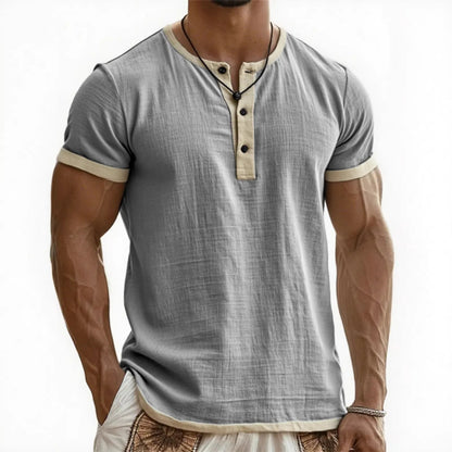 Men's Linen Cotton Patchwork T-shirk Summer Casual Short-sleeved Shirt Comfortable Breathable Top Round Collar Male Clothing