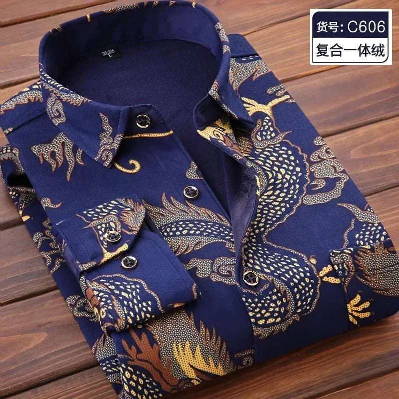 2026 Men's Wedding Party Warm Shirts Autumn Winter Oversized Casual Dress Office Business Fleece Shirts Male Casual Warm Shirts