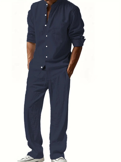 Men's Cotton Linen Shirt and Pants Set Breathable Comfortable Casual Two Piece Outfit Summer Style