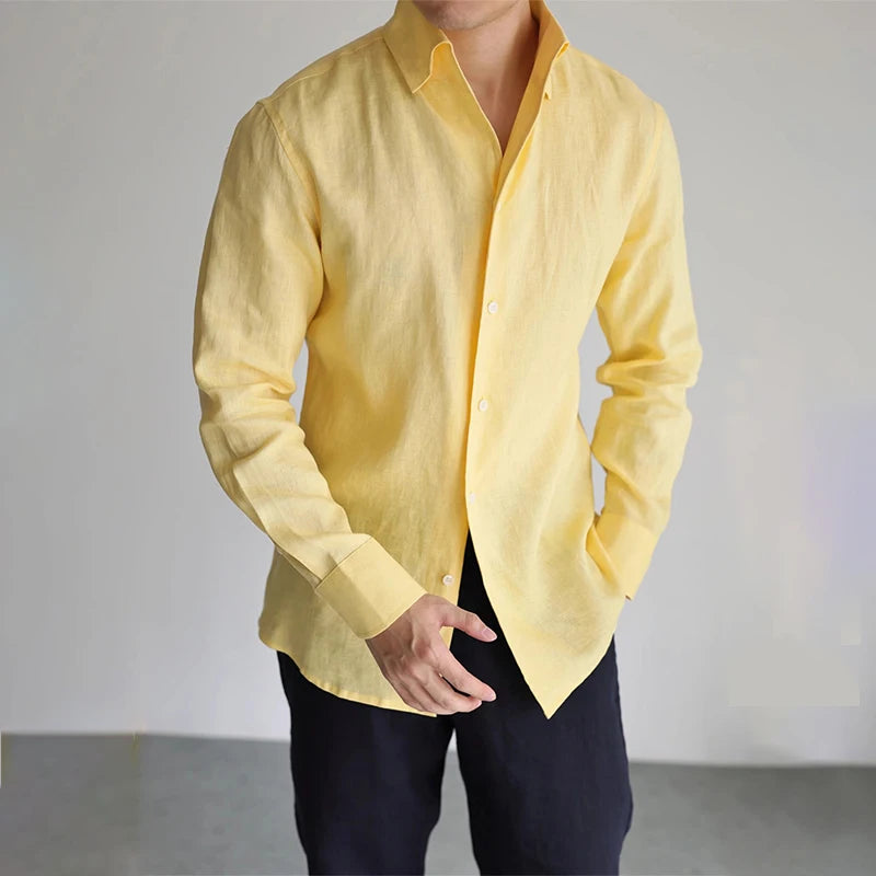 Men's Casual Fashion Shirt Long Sleeve 100% Linen Cotton T-shirts Black White Tops Clothing Plus Size Classic Baggy Shirts Men
