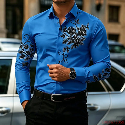 2026 New Men's Shirt with Rose Print, Long Sleeve, Slim Fit, Wrinkle-Free, Business Casual White Shirt, Trendy Men's Shirt