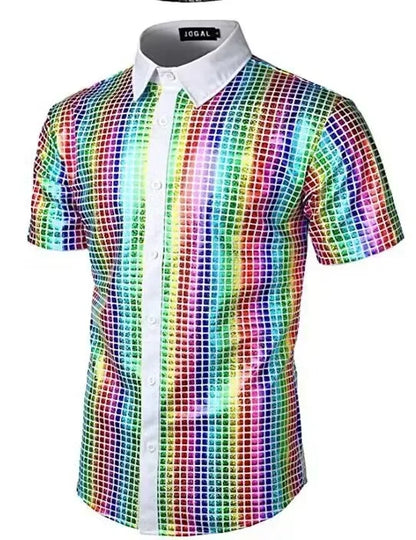 Men's Shiny Shirts Short Sleeve Shirts Nightclub Prom Disco Party Costume Button Blouse Casual Retro Cosplay Shirts Tops for Men