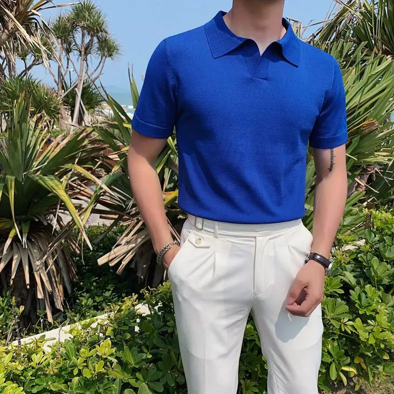 2023 Men's Clothing Light Luxury Knitted Polo Shirt Casual Soild V-Neck Solid Jacquard Short Sleeve T-Shirt Breathable M-4XL