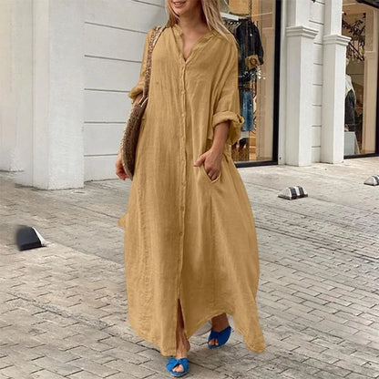 Women's Clothing Casual Pocket Shirt Collar Long Skirt Casual Cotton Linen Dress