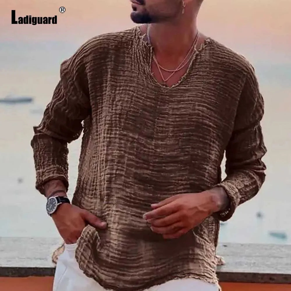 Men's Patchwork T-shirt Men Long Sleeve Fashion Ripped Cotton Tops Latest Summer Casual Linen Pullovers Sexy Mens clothing 2024