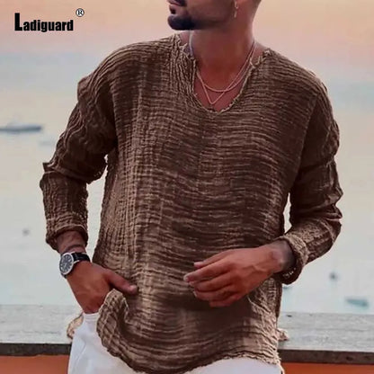 Men's Patchwork T-shirt Men Long Sleeve Fashion Ripped Cotton Tops Latest Summer Casual Linen Pullovers Sexy Mens clothing 2024