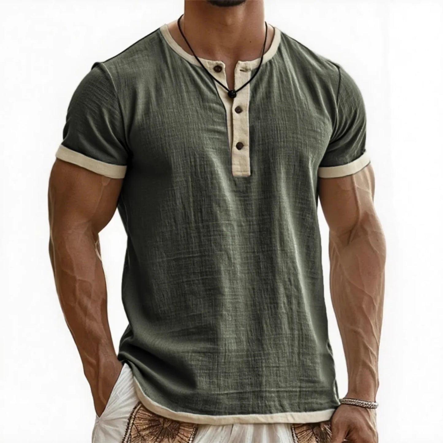 Men's Linen Cotton Patchwork T-shirk Summer Casual Short-sleeved Shirt Comfortable Breathable Top Round Collar Male Clothing