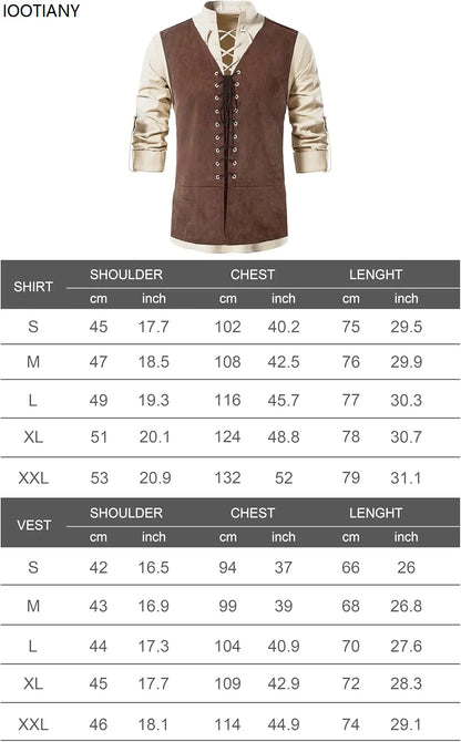 Medieval Renaissance Clothing Men Stand-up Collar Solid Color Shirt Vest Gothic Retro Lace-up Top Plus Vests Two-piece Suits New