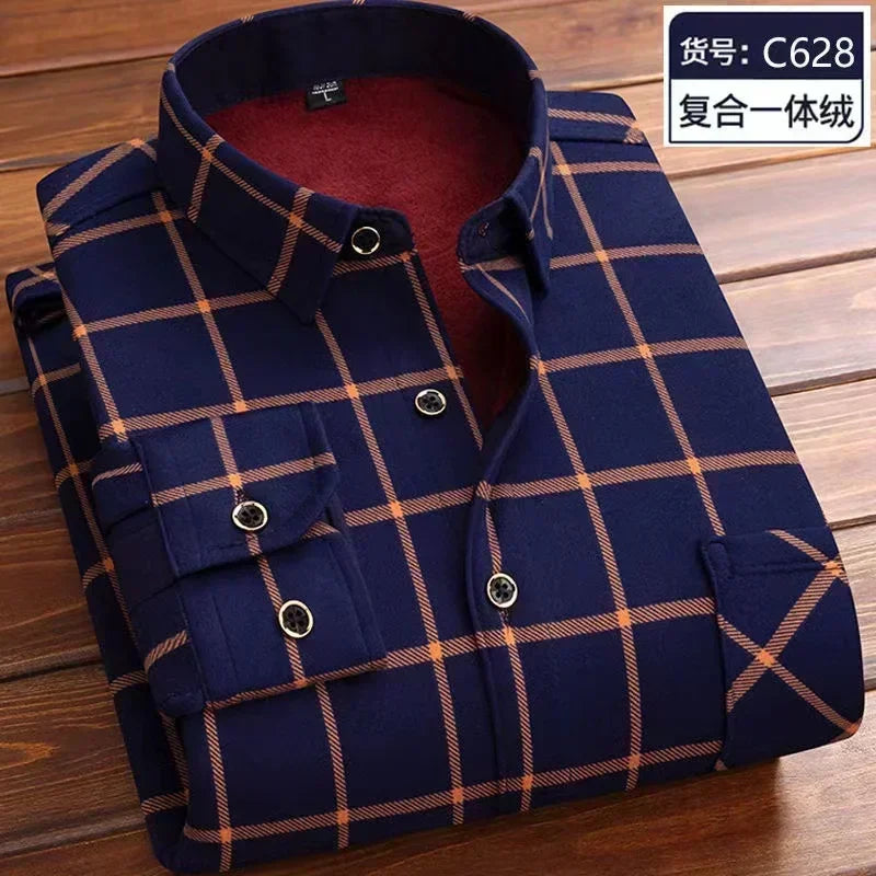 2026 Men's Wedding Party Warm Shirts Autumn Winter Oversized Casual Dress Office Business Fleece Shirts Male Casual Warm Shirts