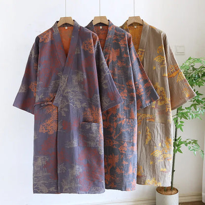 Men's Roomwear Cotton Kimono Pajamas Robes for Spring Jacquard Printed Home Clothing Medium Length Oversized Breathable Bathrobe