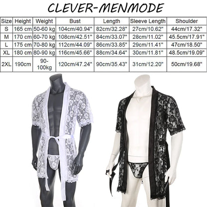 Men's Sexy Short Sleeve See-Through Lace Bathrobe Transparent Sex Erotic Pajamas Thong Hot Suit Home Wear Clothing