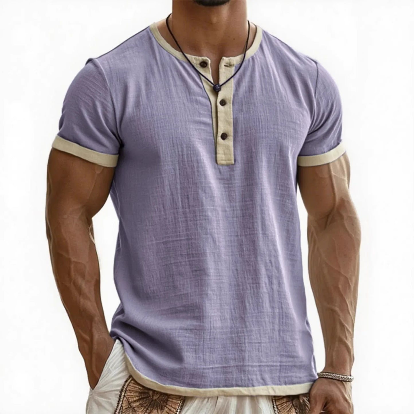 Men's Linen Cotton Patchwork T-shirk Summer Casual Short-sleeved Shirt Comfortable Breathable Top Round Collar Male Clothing