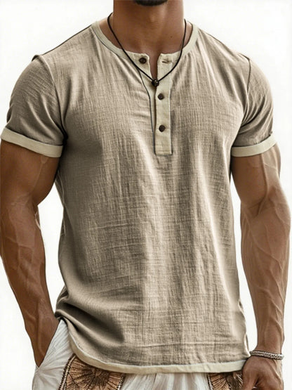 Men's Linen Cotton Patchwork T-shirk Summer Casual Short-sleeved Shirt Comfortable Breathable Top Round Collar Male Clothing