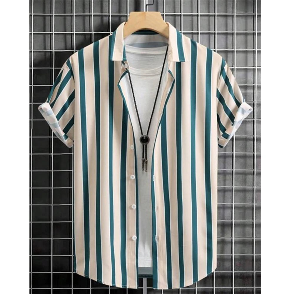 Hawaiian Shirts For Men 3d Striped Print Short Sleeve Shirts Summer Loose Casual Tops Simple Fashion Oversized Men Clothing