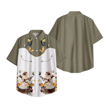 Men's Fashion Casual Shirt with Musical & Floral Design Short Sleeve Button Up Shirt Retro Hawaiian Inspired Summer Shirt