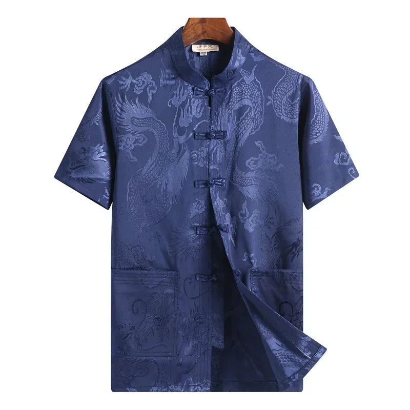 Traditional Chinese Clothing for Men Red Tang Suit Hanfu Short Sleeve Shirt Vintage Kung Fu China Tops Embroidery Clothes
