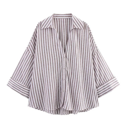 MUJER Striped Women's Shirt White Loose Casual Shirts for Women Summer Button up Shirts and Blouses Woman Wide Sleeve Ladies Top