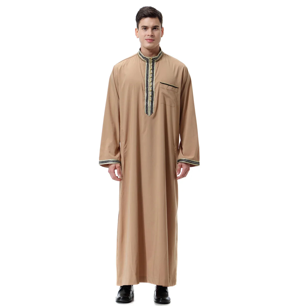 Muslim Men Clothing Kaftan Robes Long Sleeves Stand Collar Eid Thobe Kurta Arab Turkish Dress Dubai Islam Habit Ethnic Leisure