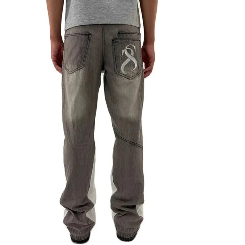 Washed Micro-Flare Gray Stitching Jeans, Suitable for Both Men and Women, Can Be Worn as Long Pants or Shorts, Comfortable