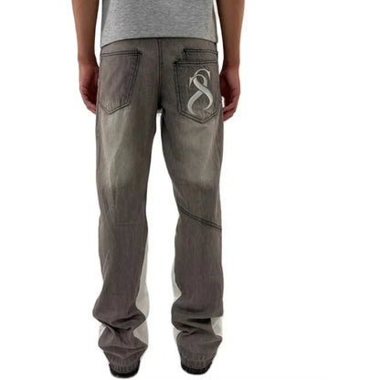 Washed Micro-Flare Gray Stitching Jeans, Suitable for Both Men and Women, Can Be Worn as Long Pants or Shorts, Comfortable