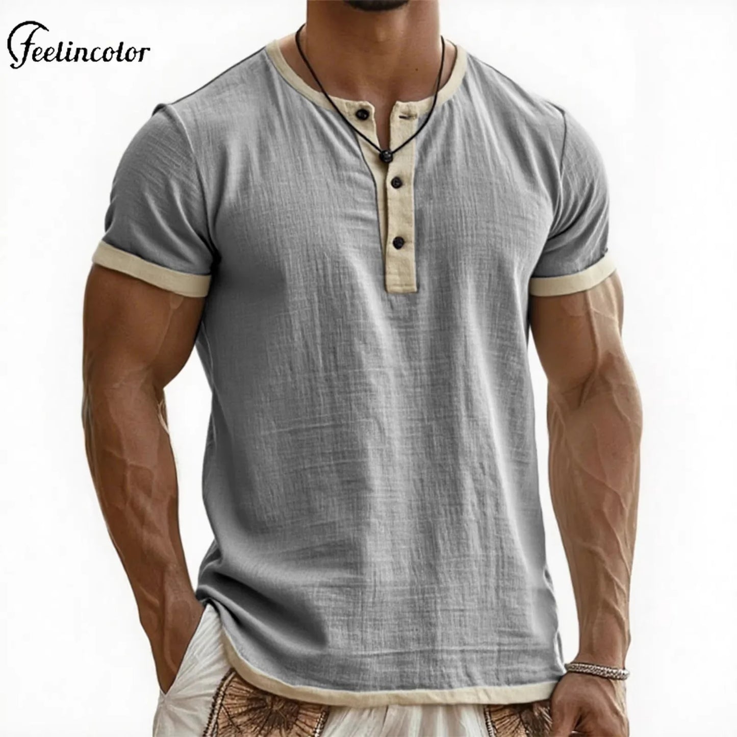 Men's Linen Cotton Patchwork T-shirk Summer Casual Short-sleeved Shirt Comfortable Breathable Top Round Collar Male Clothing