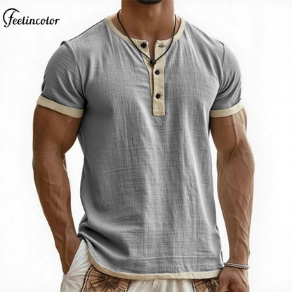 Men's Linen Cotton Patchwork T-shirk Summer Casual Short-sleeved Shirt Comfortable Breathable Top Round Collar Male Clothing